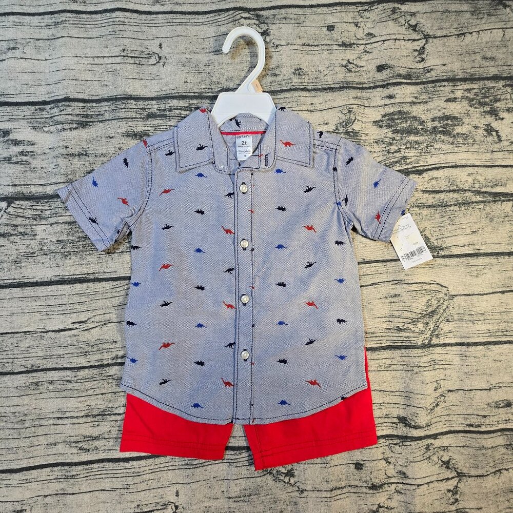 NWT Carters Dinosaur Outfit Size 2T Button Shirt and Shorts